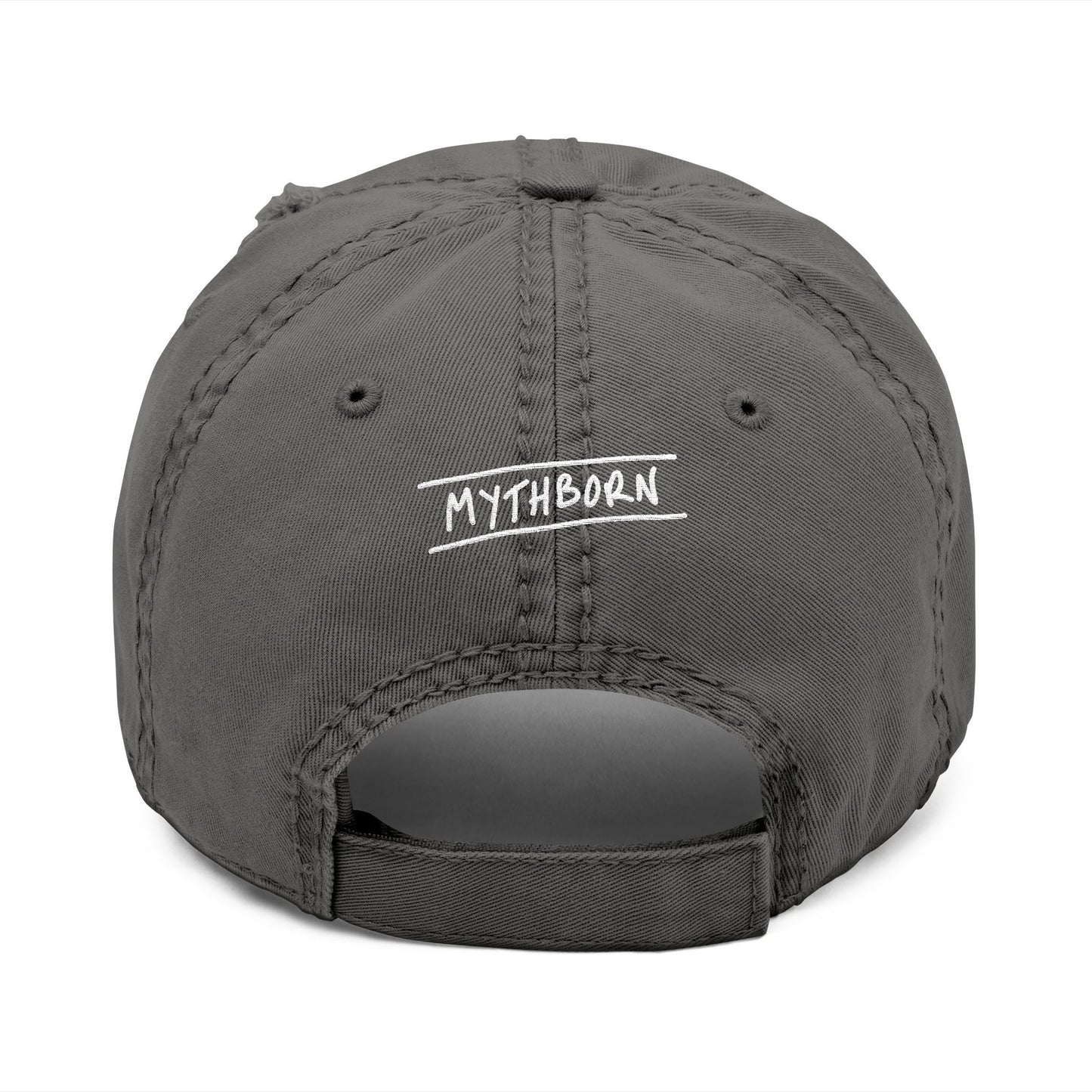 Back view of charcoal grey distressed dad hat with adjustable strap, featuring the word "Mythborn" as a nod to the Jackalope design on front.