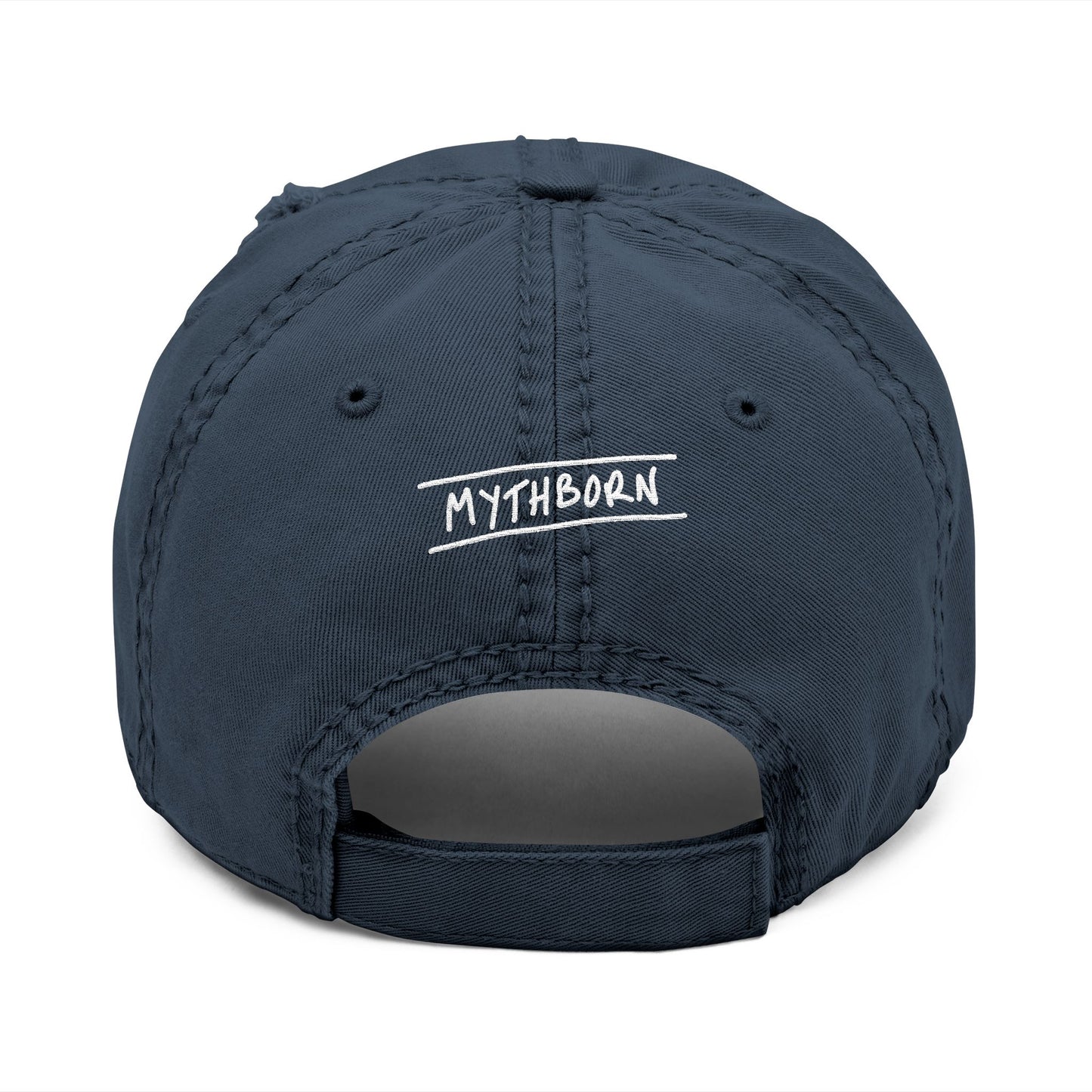 Back view of navy distressed dad hat with adjustable strap, featuring the word "Mythborn" as a nod to the Jackalope design on front.