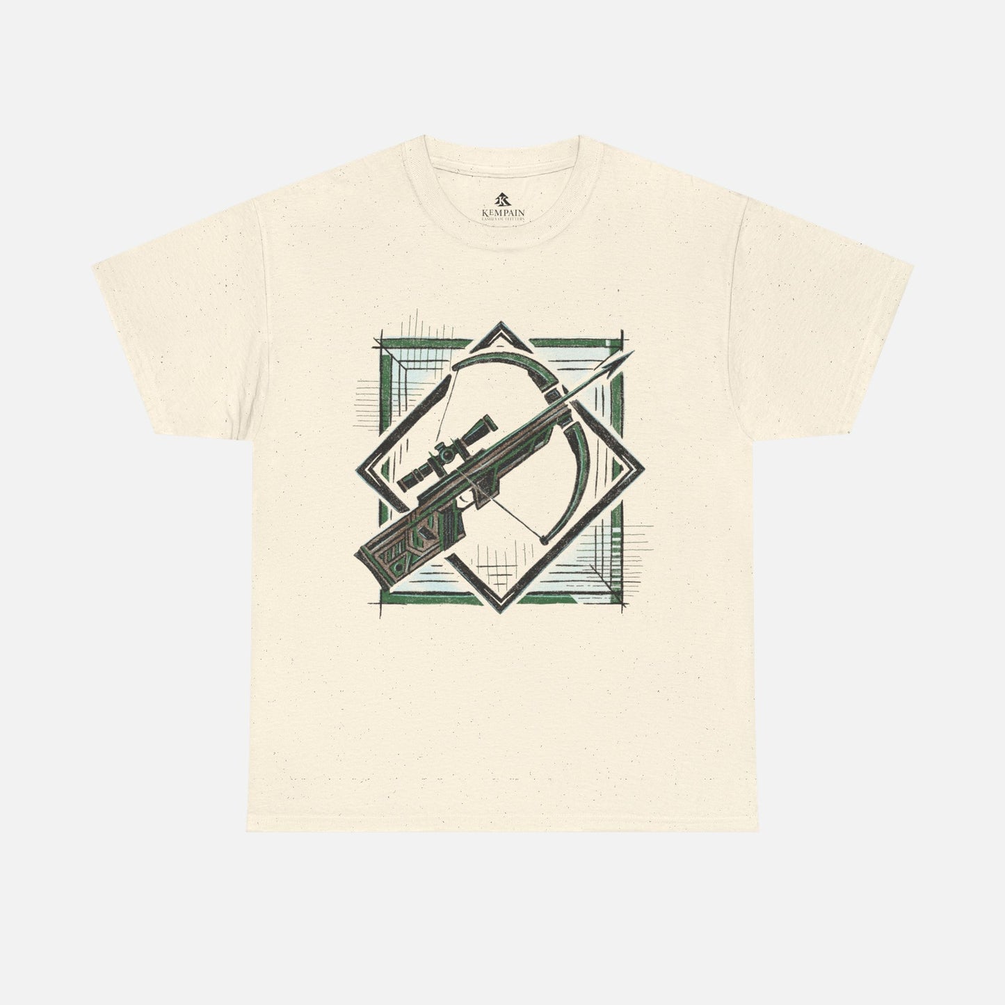Natural Color Geometric Crossbow T-Shirt displayed flat on a white background, highlighting its modern archery-inspired design.