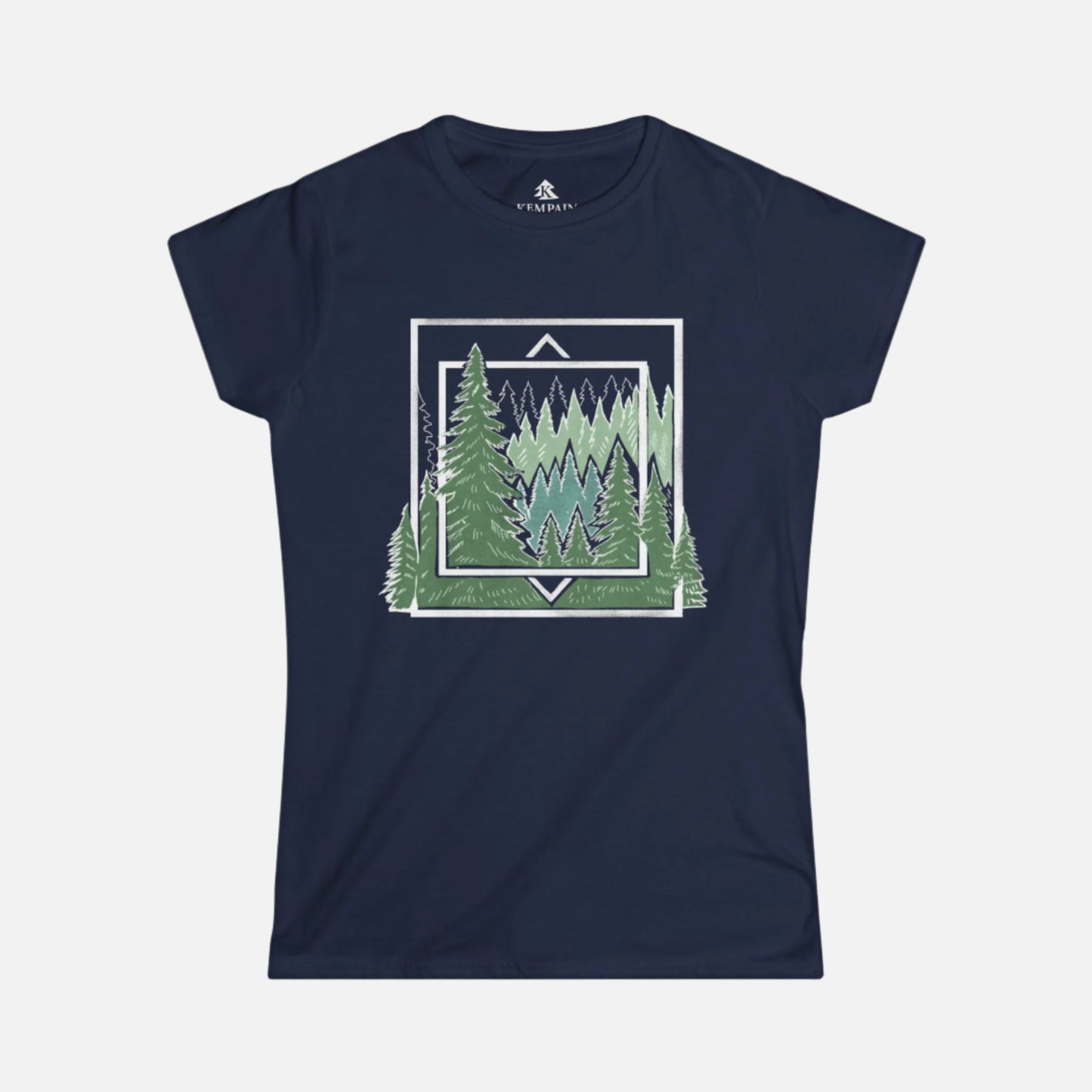 Navy Ancient Pine Tree Women’s T-Shirt displayed flat on a white background, showcasing its nature-inspired geometric design.