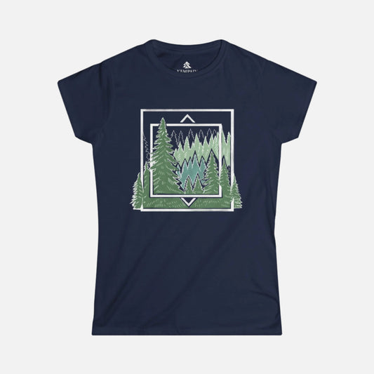 Navy Ancient Pine Tree Women’s T-Shirt displayed flat on a white background, showcasing its nature-inspired geometric design.