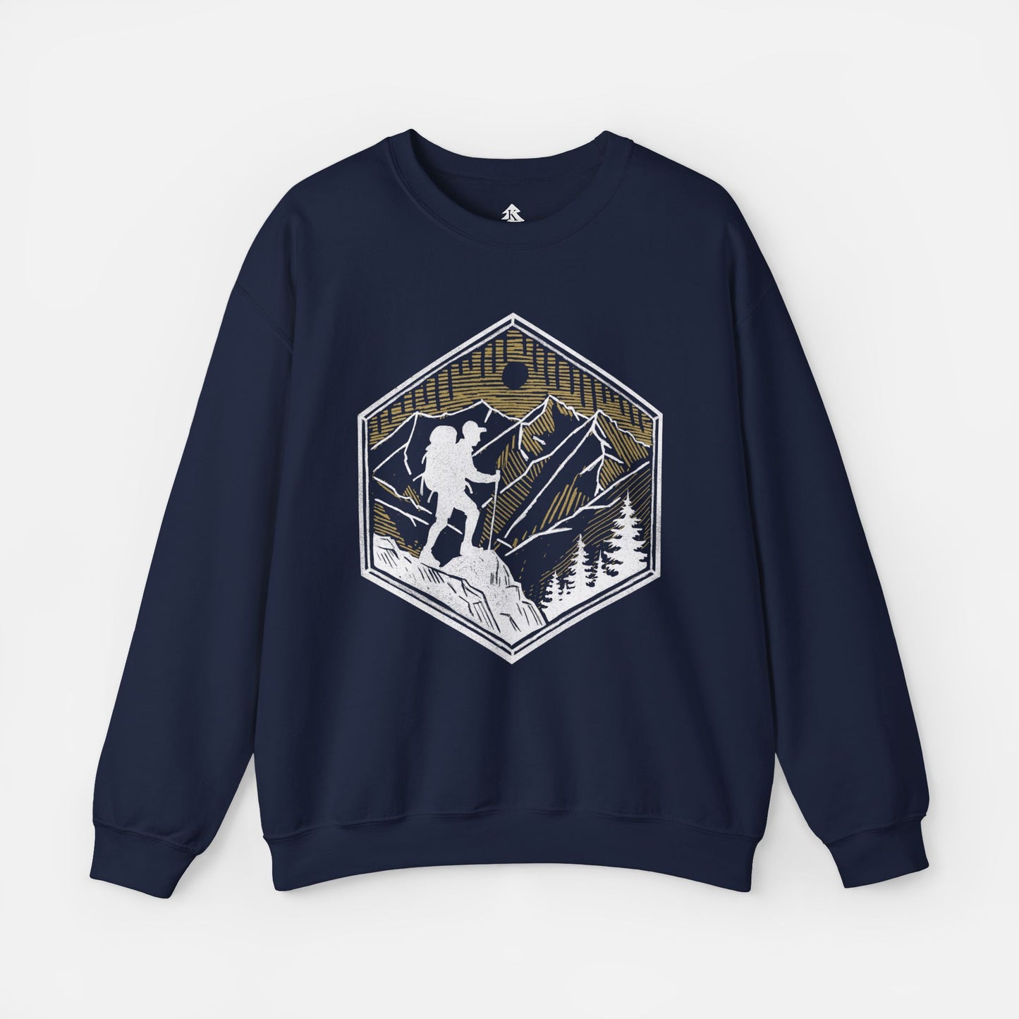 Navy Skyline Trek Sweatshirt displayed flat on a white background, showcasing its cozy fabric and outdoor-inspired hiking design.