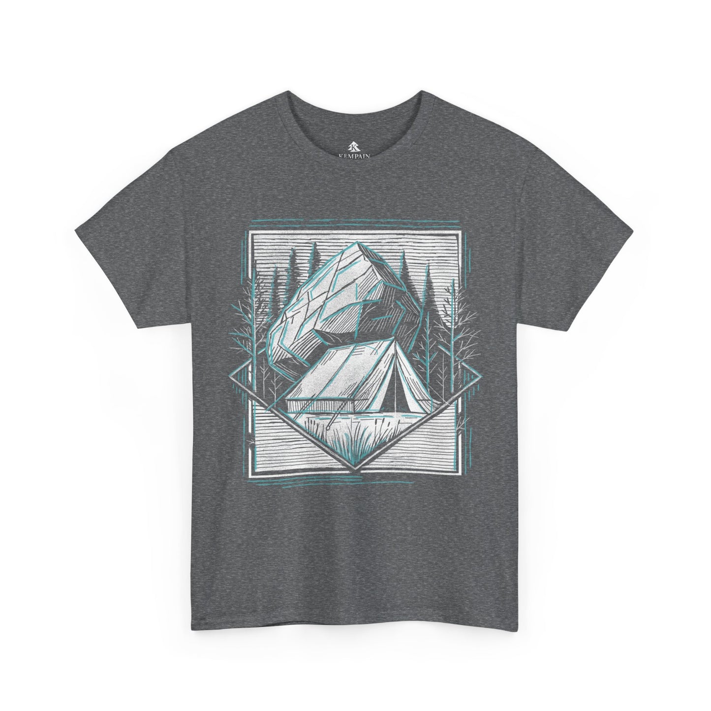 Heather Grey Off-the-Grid Camping T-Shirt displayed flat on a white background, showcasing an outdoor-inspired tent and nature design, available in sizes Small through 5XL.