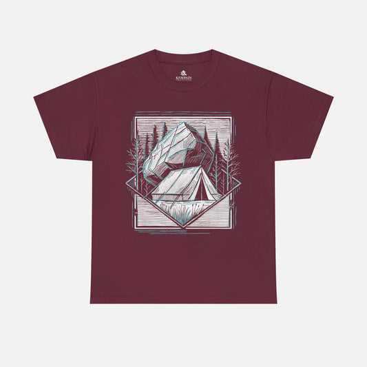 Maroon Off-the-Grid Camping T-Shirt displayed flat on a white background, showcasing an outdoor-inspired tent and nature design.