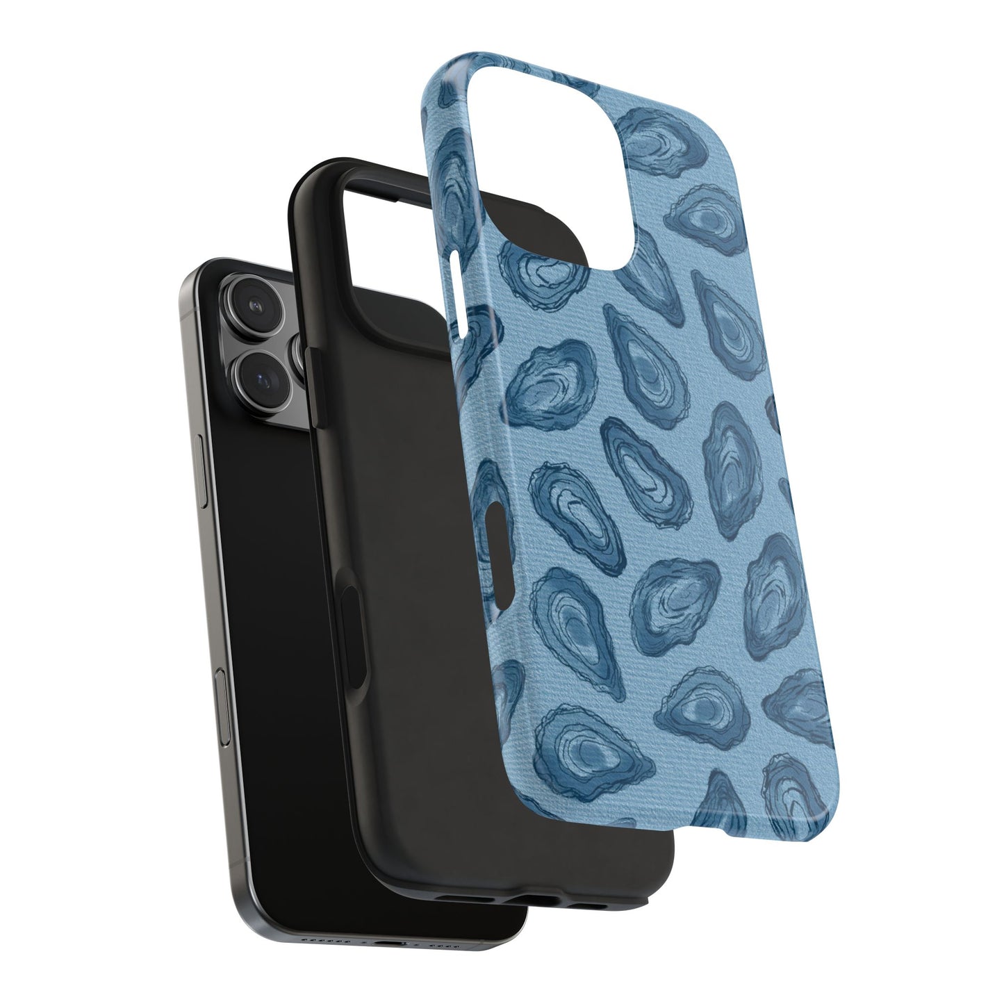 Exploded view of Oyster Shell Phone Case showing its durable outer shell and flexible shock-absorbing rubber liner.