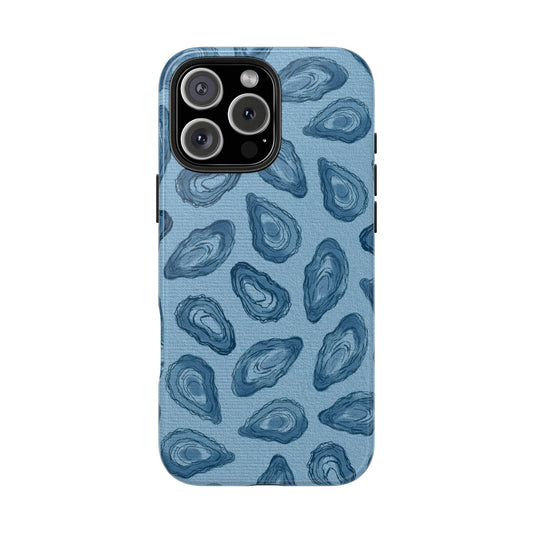 Front view of Oyster Shell Phone Case on white background, featuring a minimalist line-drawing and watercolor-style oyster shell illustration.