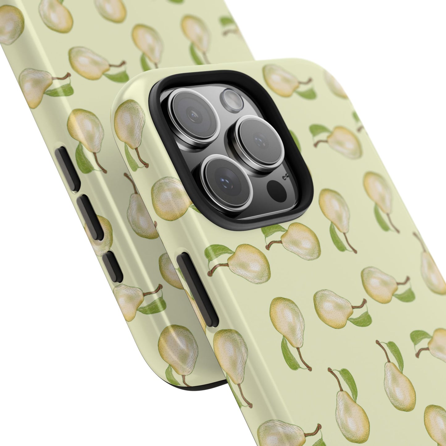 Angled close-up of Pear Pattern Phone Case highlighting whimsical pear artwork and the smooth, high-gloss surface.