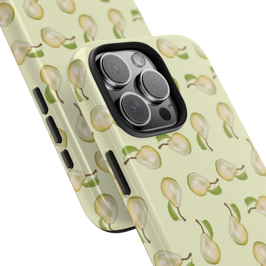 Angled close-up of Pear Pattern Phone Case highlighting whimsical pear artwork and the smooth, high-gloss surface.