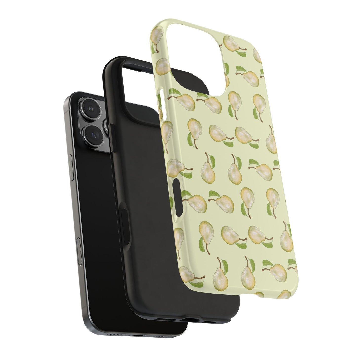 Exploded view of Pear Pattern Phone Case showing the tough outer shell and shock-absorbing rubber liner for enhanced drop protection.
