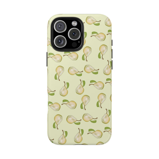 Front view of Pear Pattern Phone Case on white background, featuring a repeating illustrated pear design on a glossy finish.