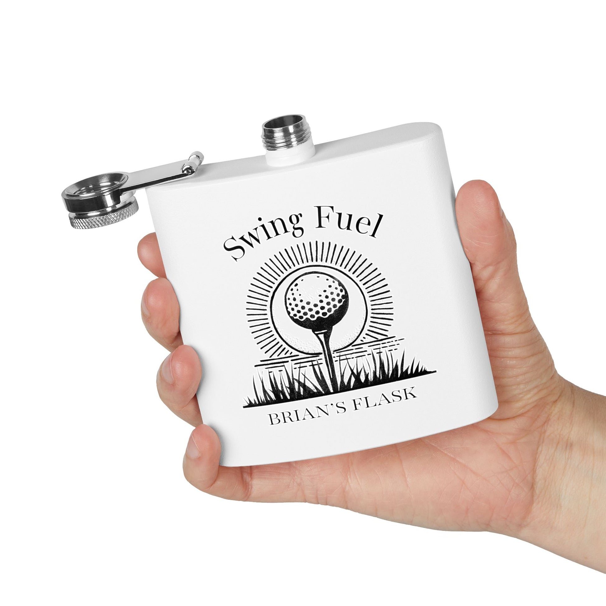 Hand holding custom golf flask with Swing Fuel text and name personalization, shown on white background