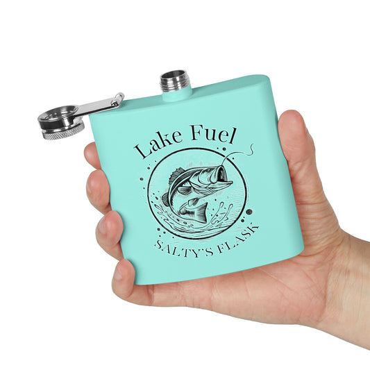 Turquoise flask with 'Lake Fuel Salty's Flask' text and fish design held in a hand against a white background