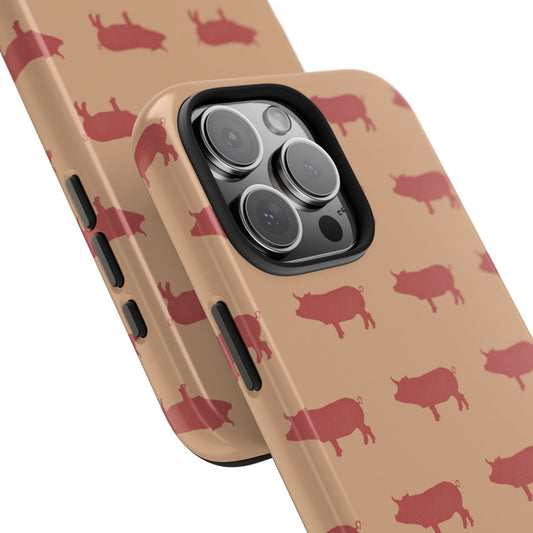 Angled close-up of phone case featuring clean pig silhouette pattern with glossy finish and slim design.