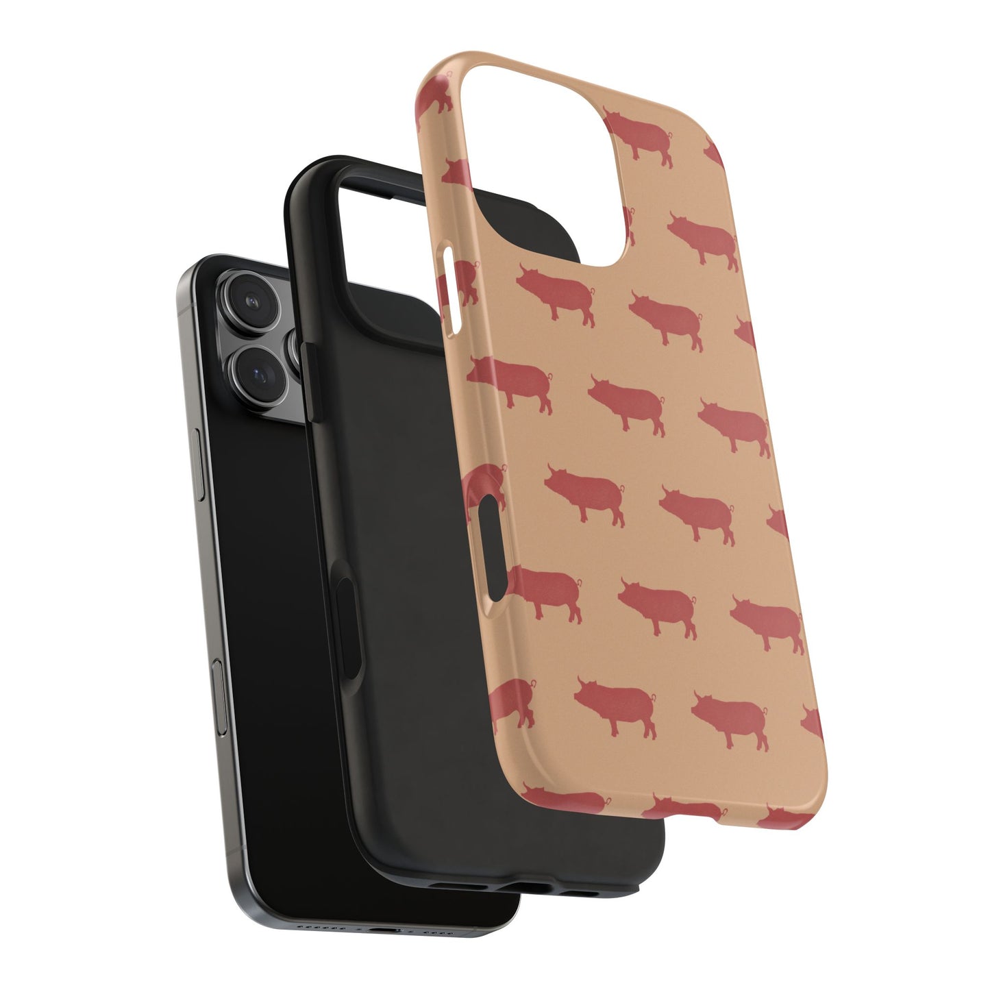 Exploded view of pig silhouette phone case showing protective rubber liner and durable outer shell.