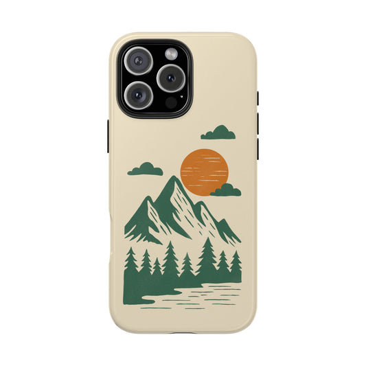 Pine & Mountain Sunrise Phone Case with scenic pine tree, mountain, and rising sun design on cream background.