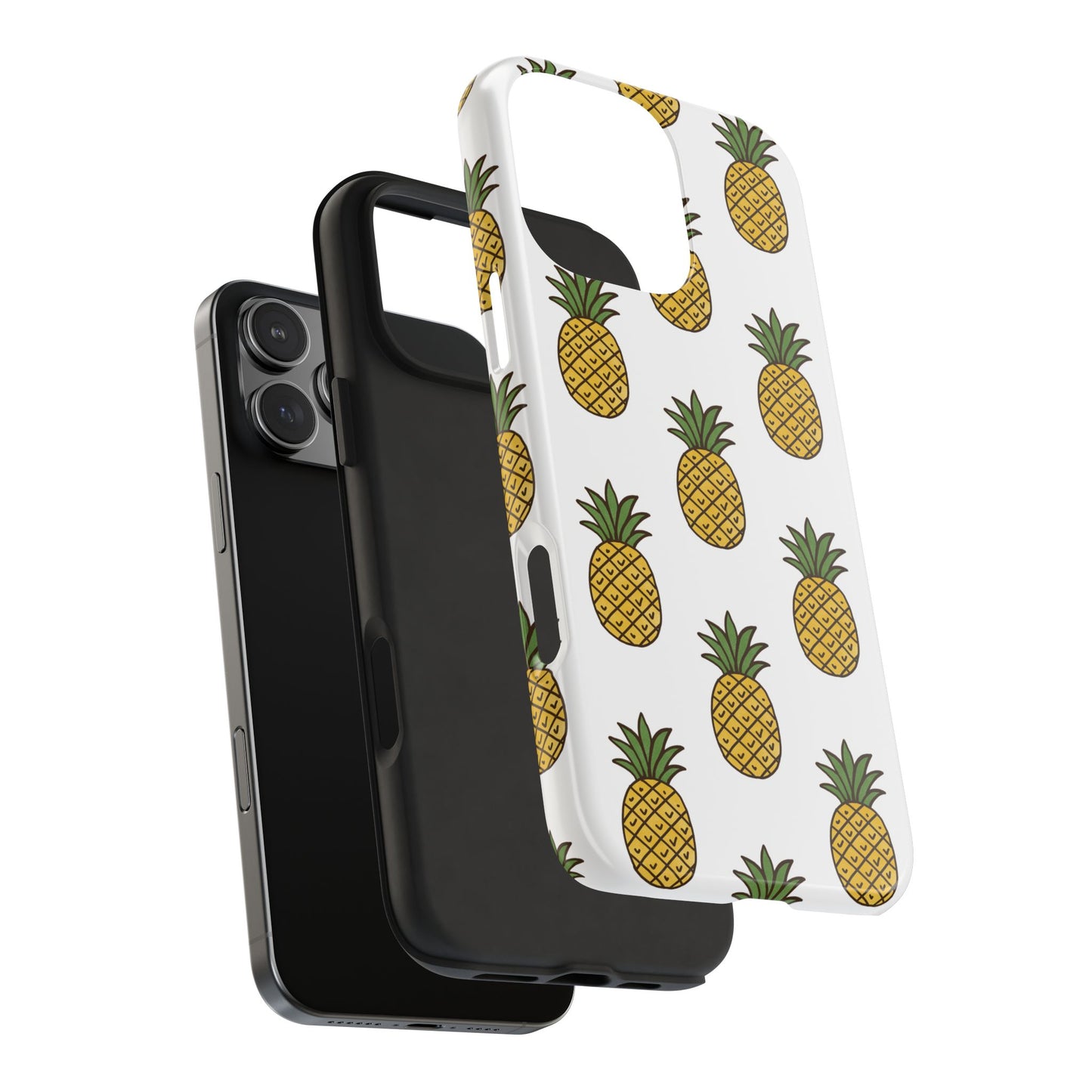 Exploded view of Pineapple Pattern Phone Case showing the tough outer shell and shock-absorbing rubber liner for full protection.