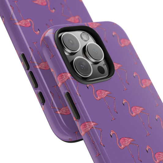 Angled close-up of Pink Flamingo Pattern Phone Case showing the vibrant repeating flamingo artwork and glossy surface texture.