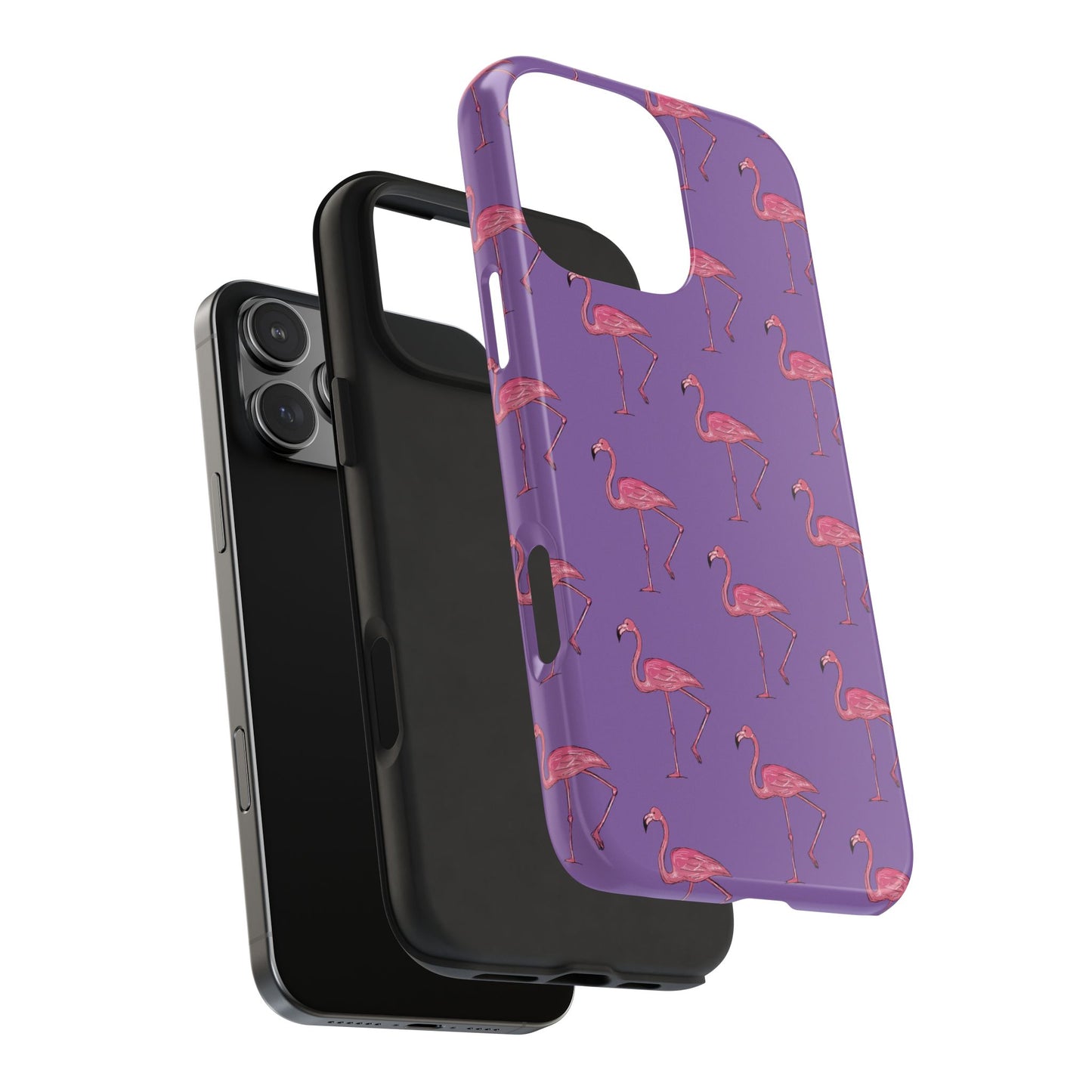 Exploded view of Pink Flamingo Pattern Phone Case showing the durable hard shell and shock-absorbing rubber liner for full protection.