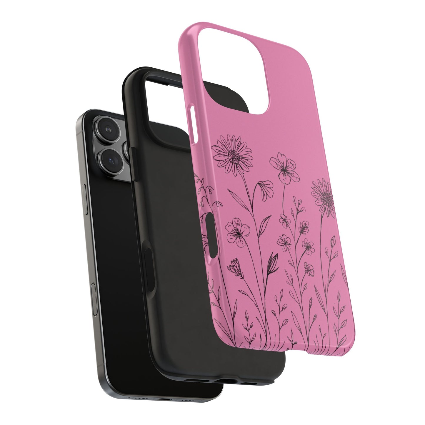 An exploded view of case showing the shock absorbing liner and outer plastic shell design to protect your phone and the cute illustrated wildflower design.
