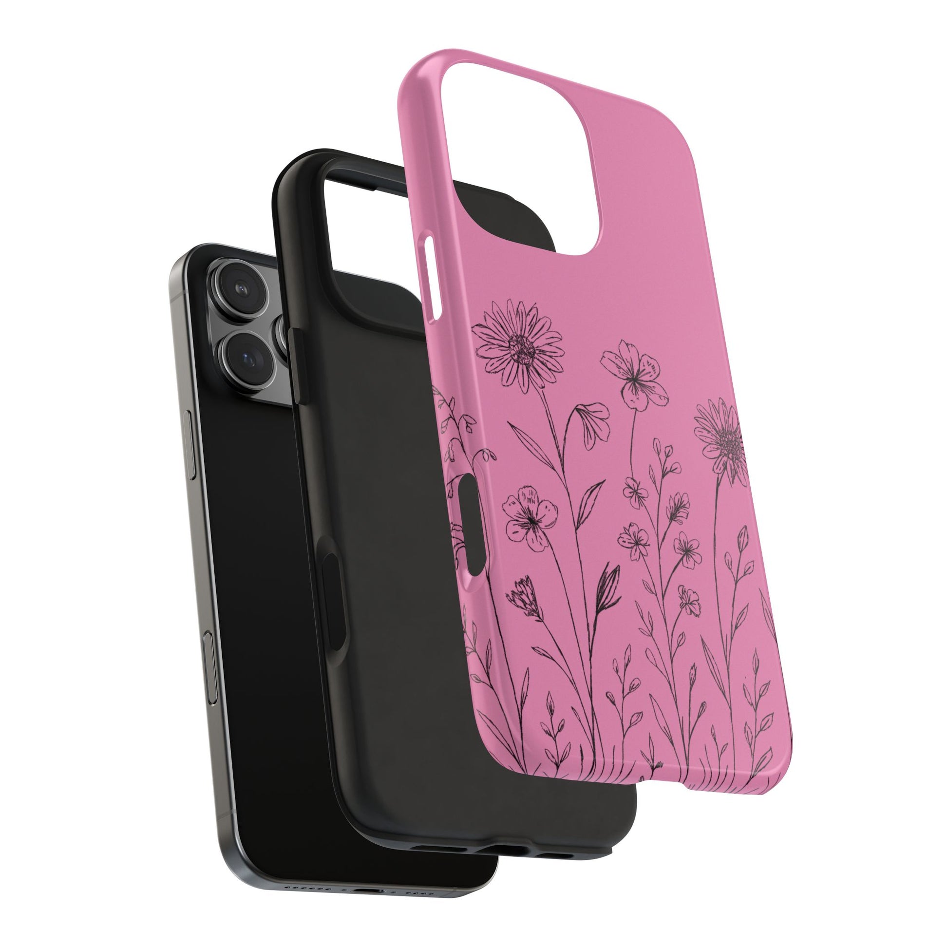 An exploded view of case showing the shock absorbing liner and outer plastic shell design to protect your phone and the cute illustrated wildflower design.