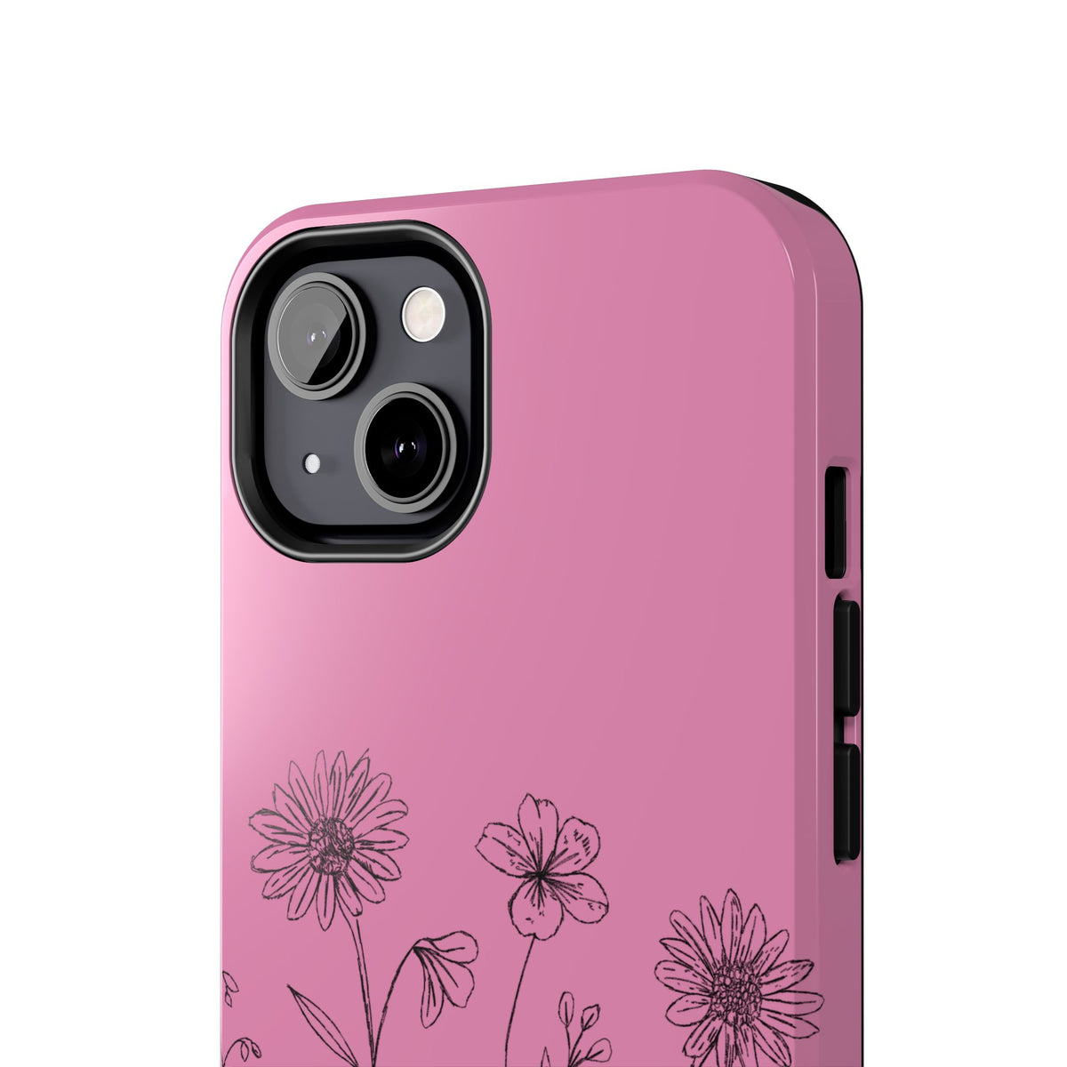 A pink iPhone case with illustrated line art of wildflowers featured on a white background up close on an angle showcasing the camera cut out and glossy shine and detailed line art.