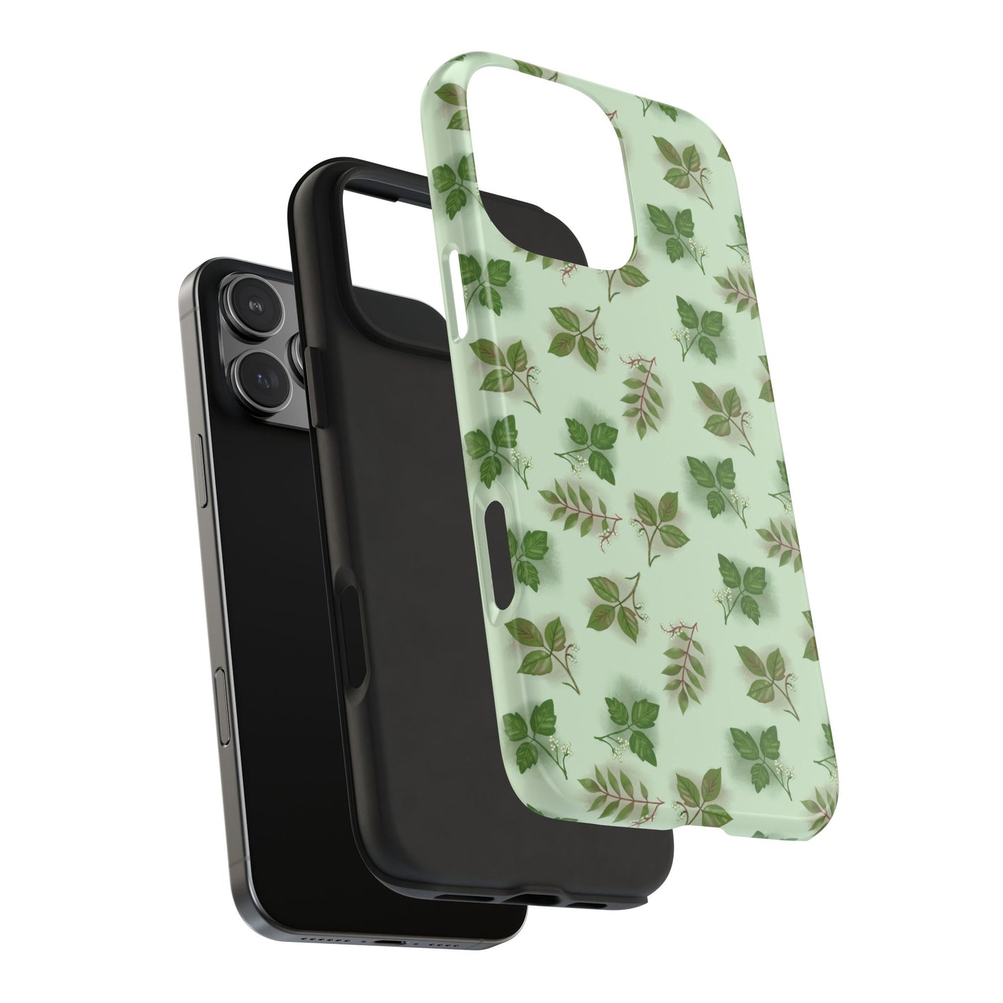 Exploded view of Poison Plant Pattern Phone Case showing impact-resistant plastic shell and flexible rubber liner for tough, dual-layer protection.