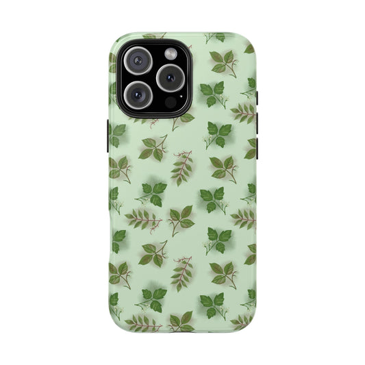 Front view of Poison Plant Pattern Phone Case on white background, featuring detailed illustrations of poison ivy, oak, and sumac on a clean backdrop.