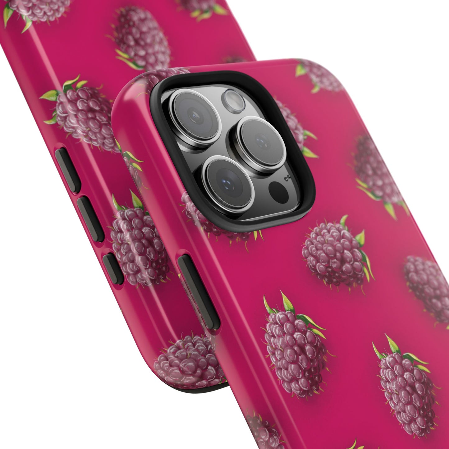 Angled close-up of Raspberry Pattern Phone Case highlighting the glossy finish and detailed fruit illustration.