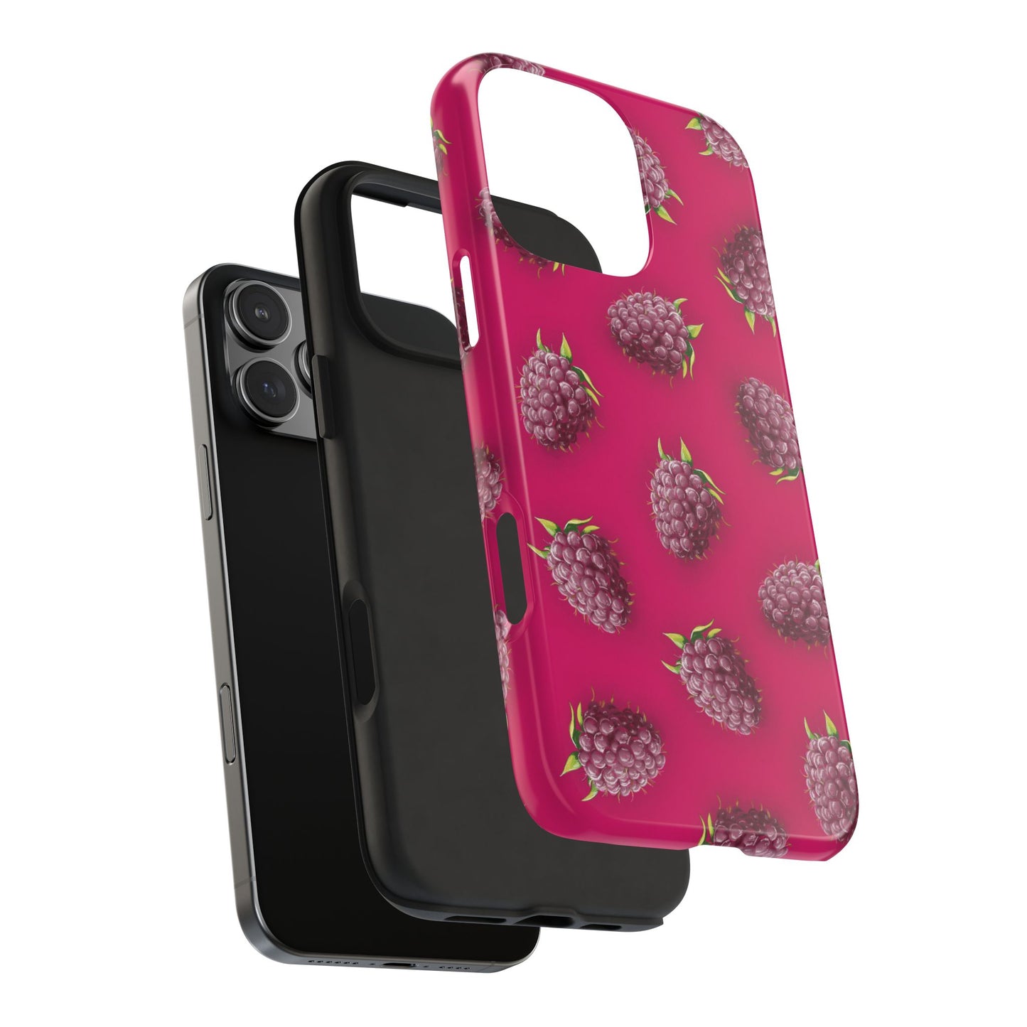 Exploded view of Raspberry Pattern Phone Case showing the durable outer shell and shock-absorbing rubber liner for dual-layer protection.
