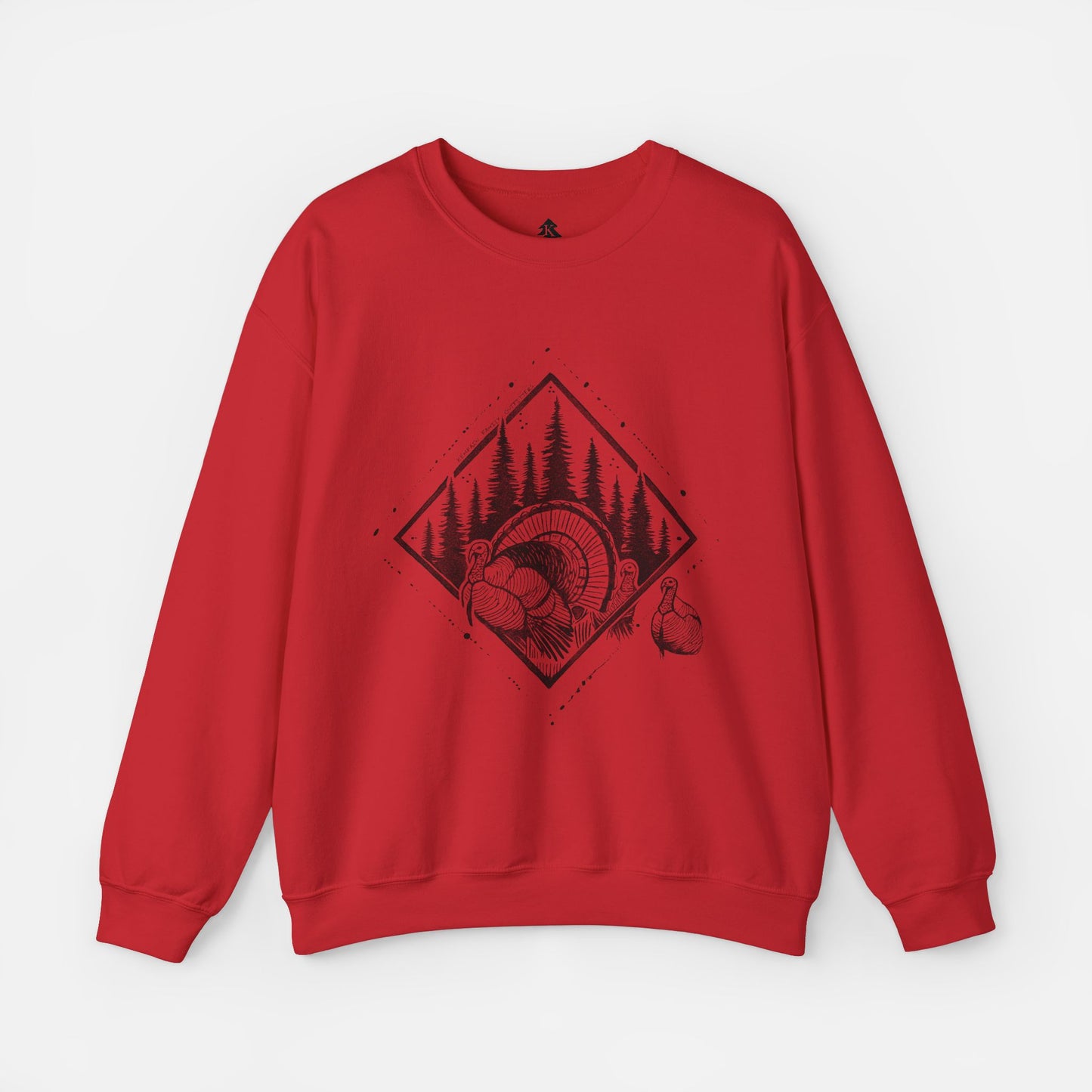 Red Echo of Timber Adult Crewneck displayed flat on a white background, showcasing its cozy fabric and rustic wildlife design.