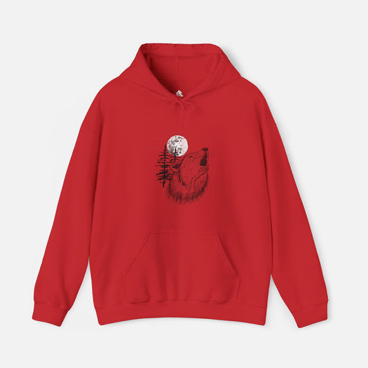Red hoodie featuring a detailed illustration of a howling wolf and moon, perfect for outdoor enthusiasts and nature lovers. Comfortable, stylish, and ideal for casual wear or chilly nights.