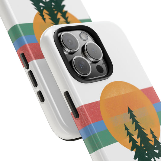 Angled close-up of Sunset Pines Phone Case highlighting the clean retro colors, glossy finish, and detailed silhouette illustration.