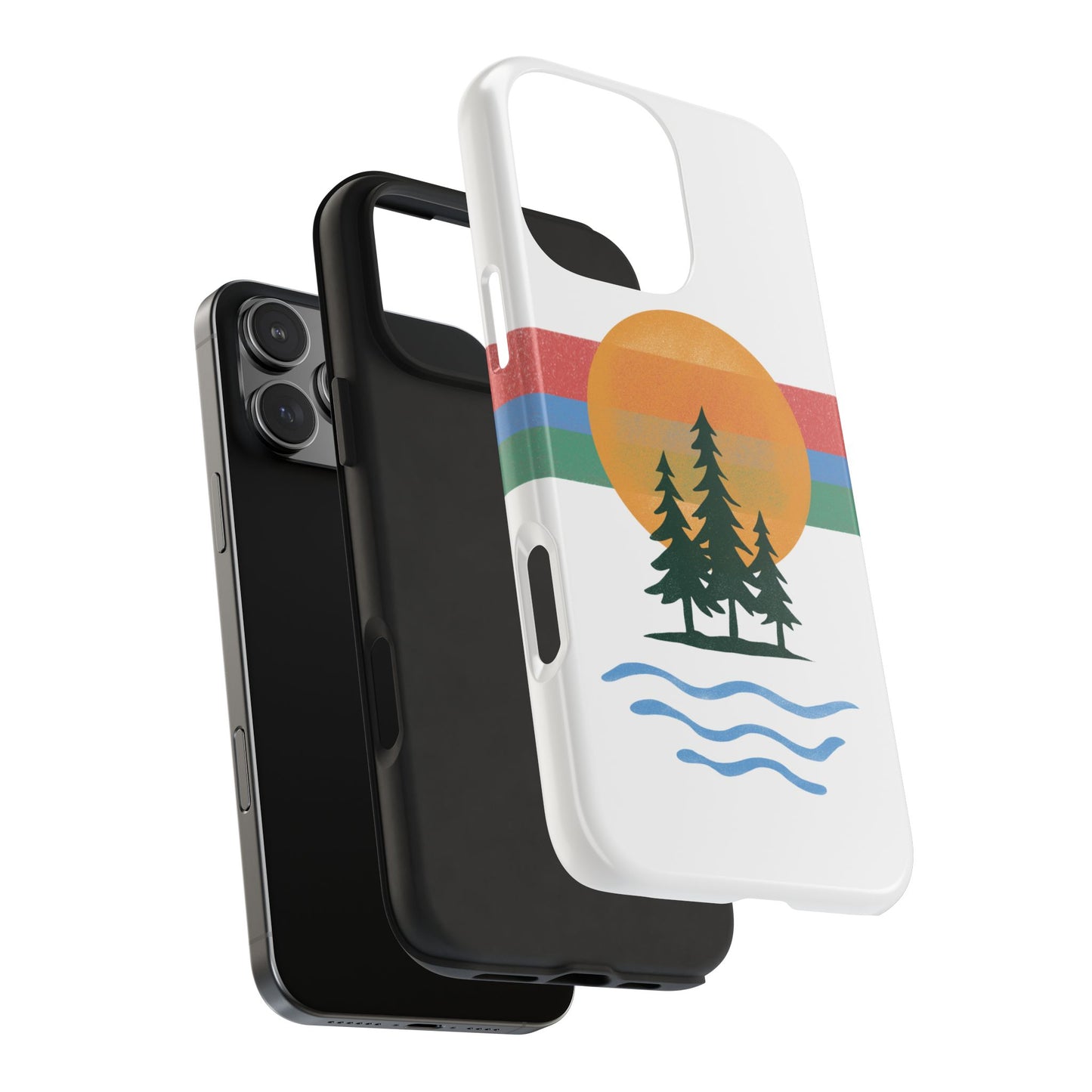 Exploded view of Sunset Pines Phone Case showing the durable hard shell and flexible rubber liner for dual-layer protection.