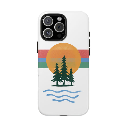 Front view of Sunset Pines Phone Case on white background, featuring a retro-inspired nature illustration with a bold sunset, pine trees, and horizontal vintage stripes.