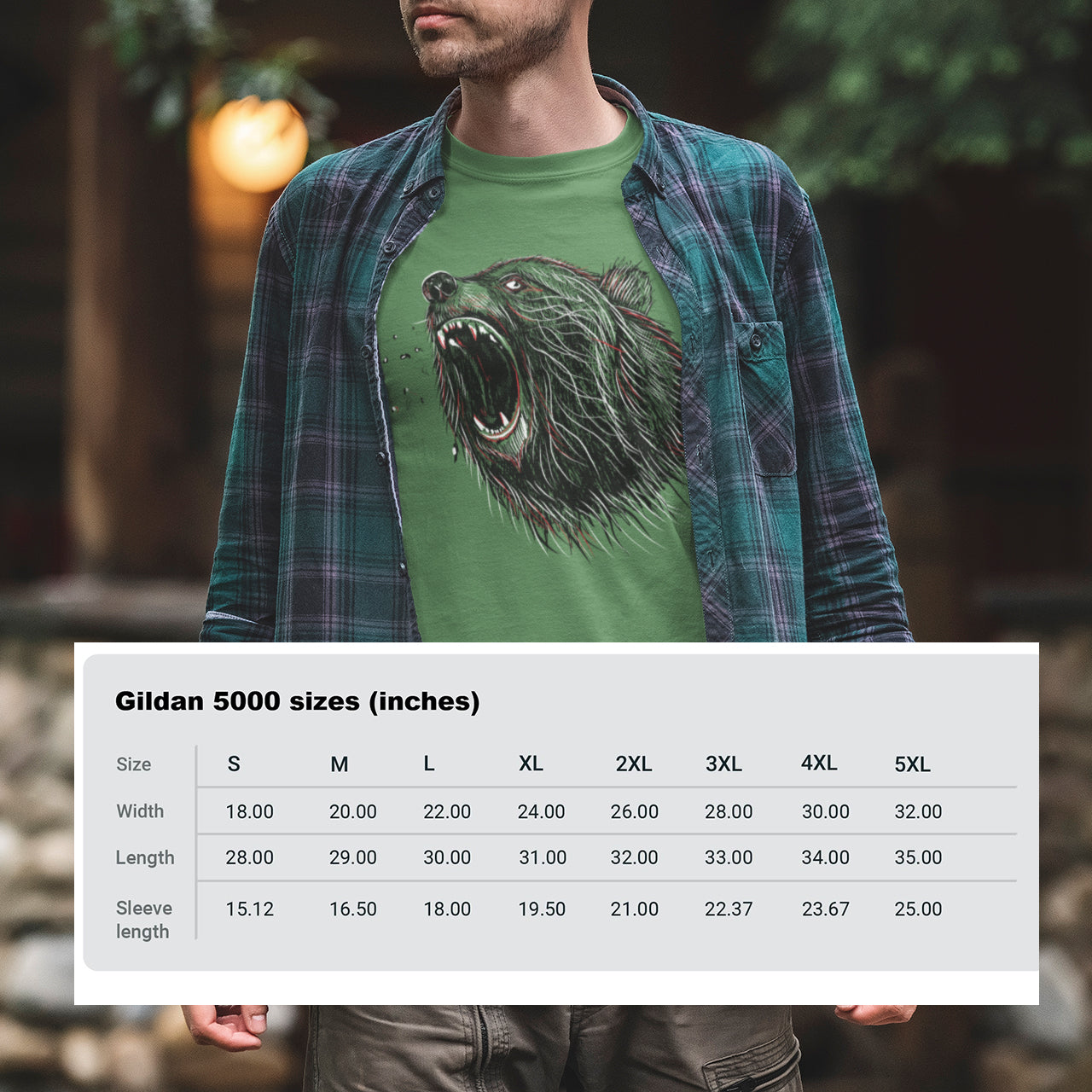 Roaring Bear T-shirt size chart for unisex nature and wildlife graphic tee, available in multiple sizes.