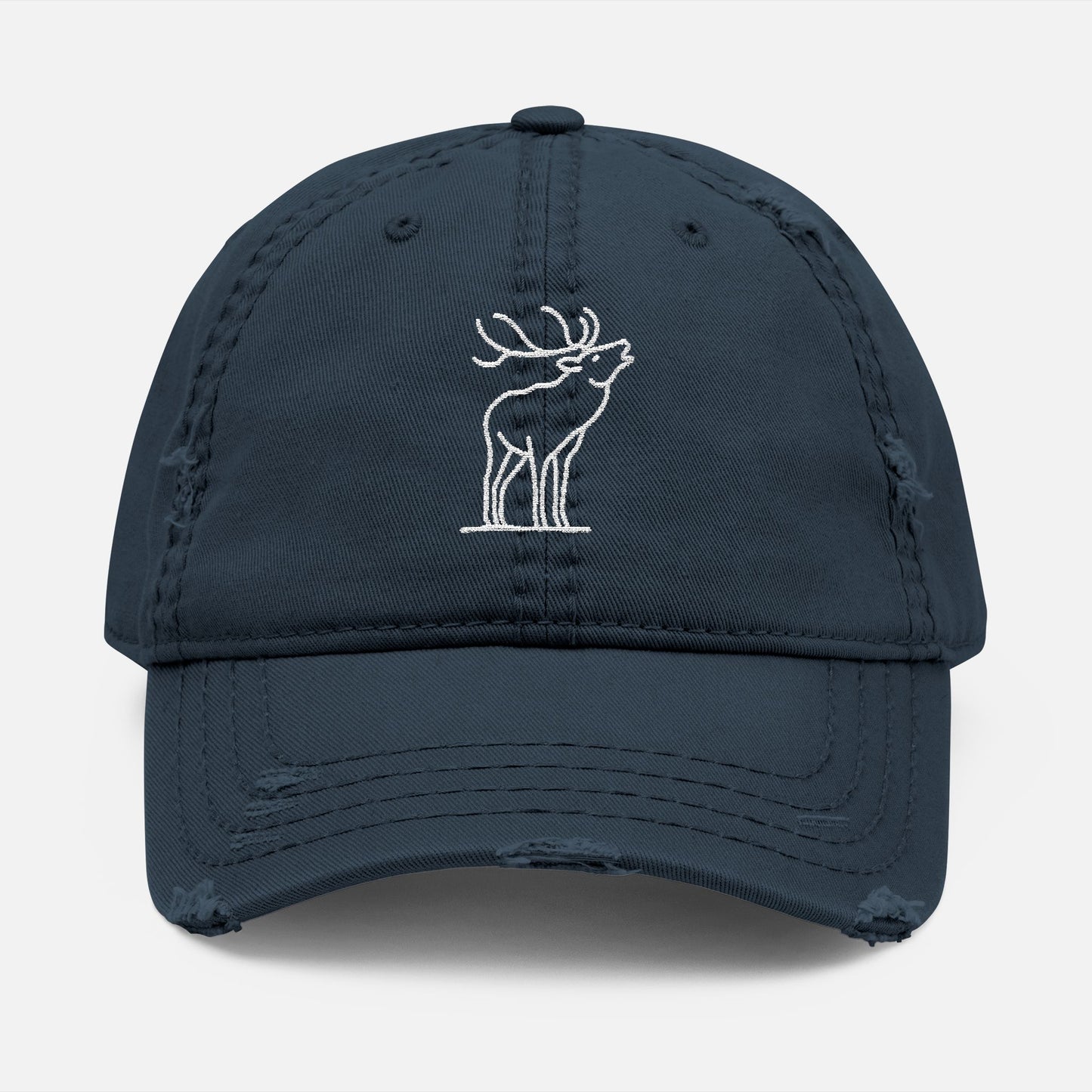 Front view of navy cotton dad hat with embroidered line art elk mid-bugle, designed for outdoor enthusiasts and wildlife lovers.