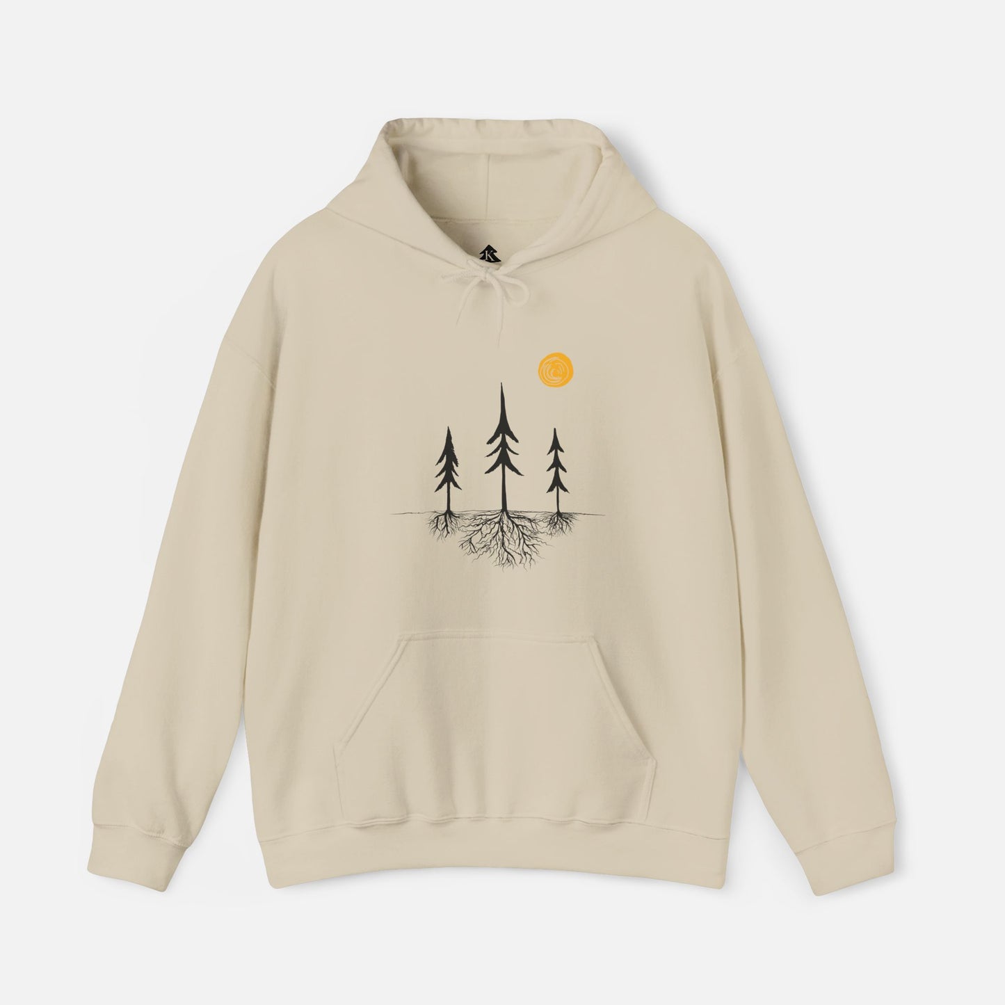 Sand Colored nature-inspired hoodie featuring a tree silhouette with exposed roots and a sun design. Unisex pullover sweatshirt displayed on a white background, showcasing minimalist outdoor apparel for forest lovers and hikers.