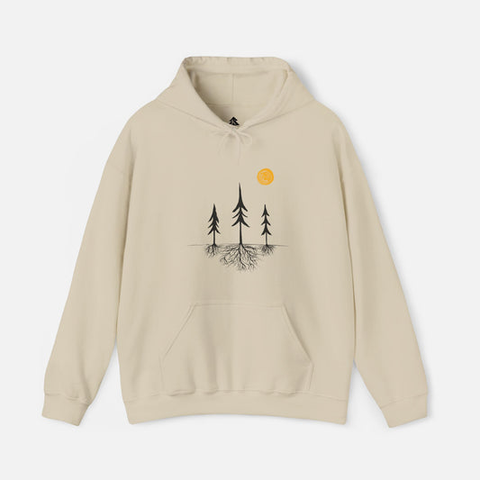 Sand Colored nature-inspired hoodie featuring a tree silhouette with exposed roots and a sun design. Unisex pullover sweatshirt displayed on a white background, showcasing minimalist outdoor apparel for forest lovers and hikers.