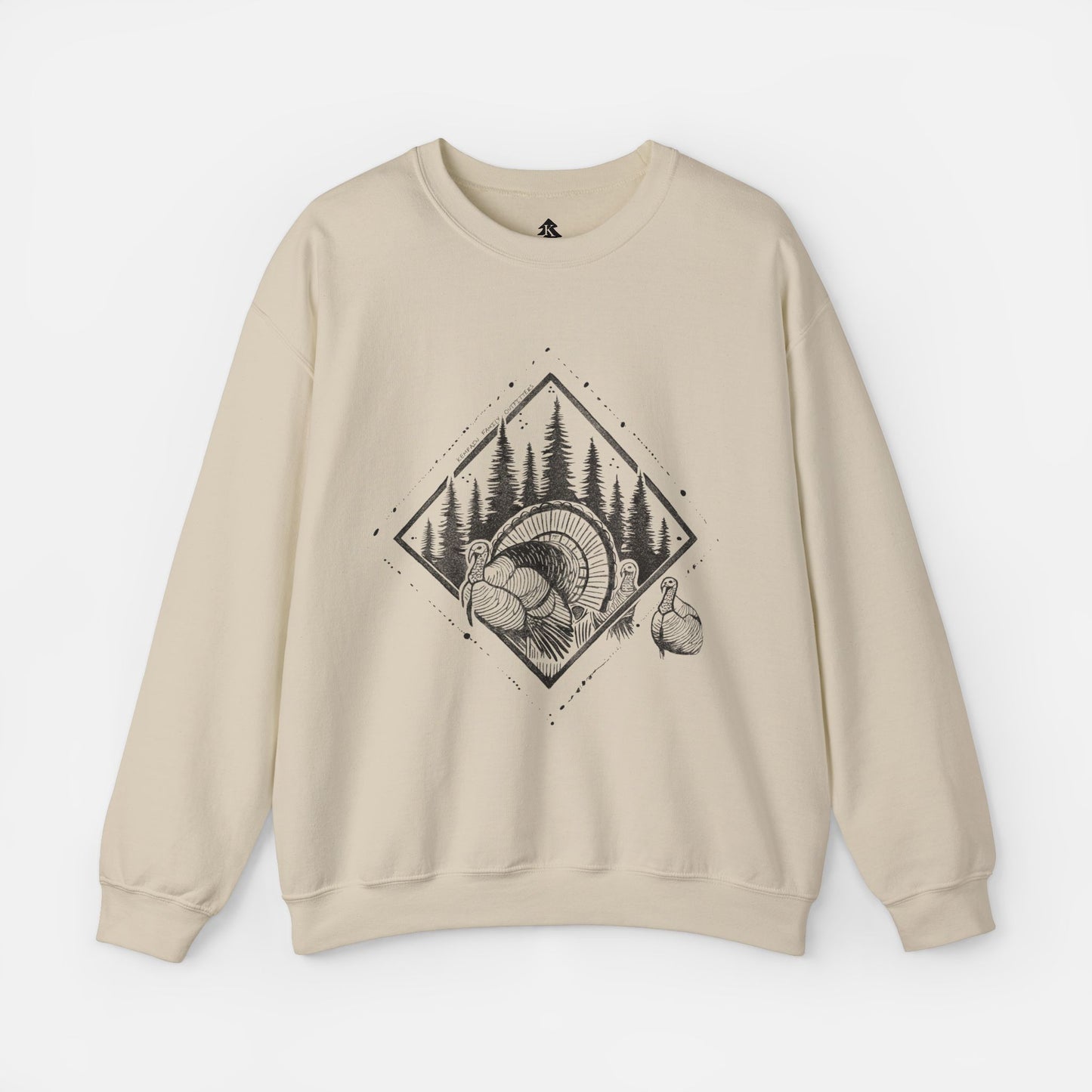 Sand Echo of Timber Adult Crewneck displayed flat on a white background, showcasing its cozy fabric and rustic wildlife design.