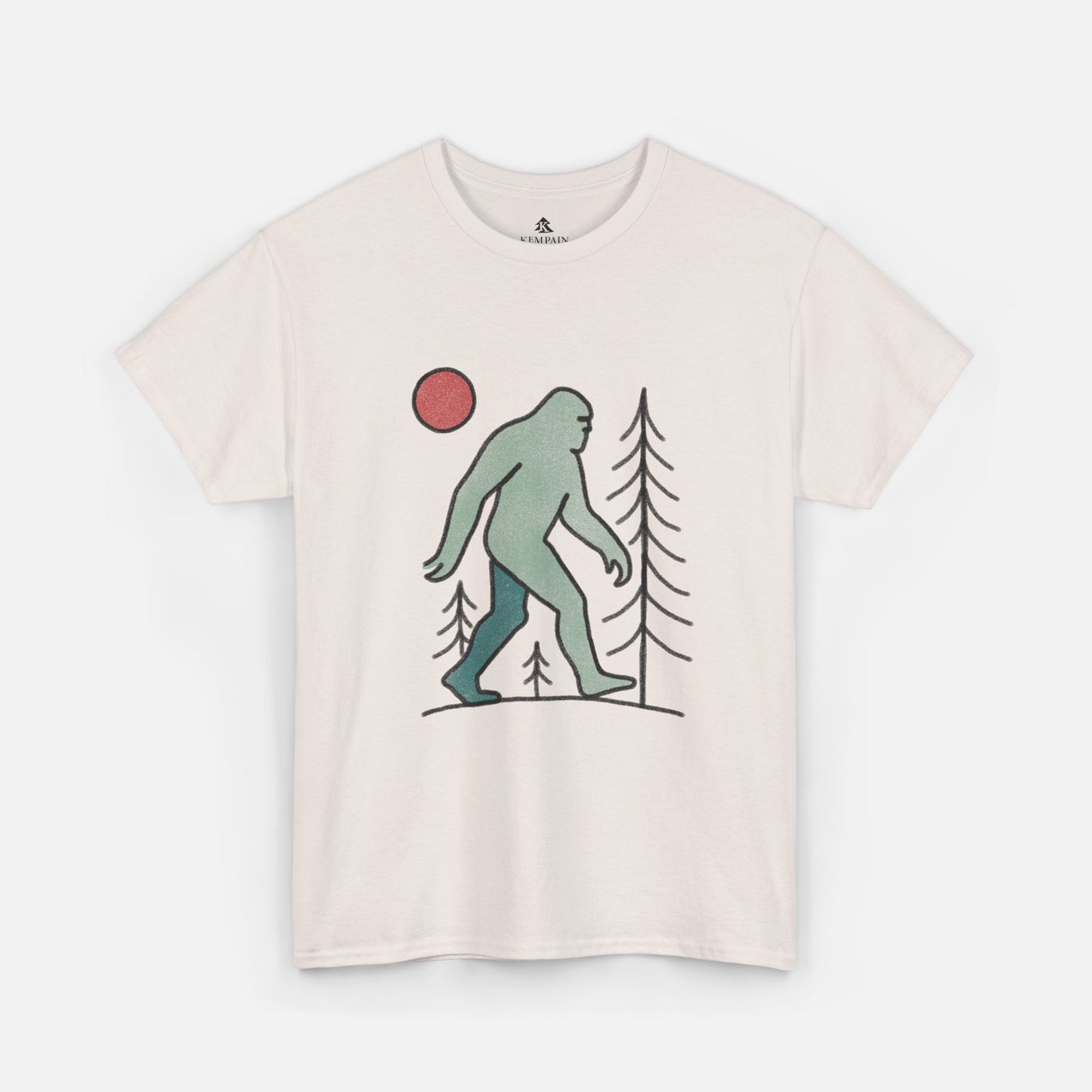 Flat lay of the Sasquatch Red Moon Forest Tee in ice grey color on a white background, featuring a minimalist line art design of Bigfoot walking through pine trees under a red moon