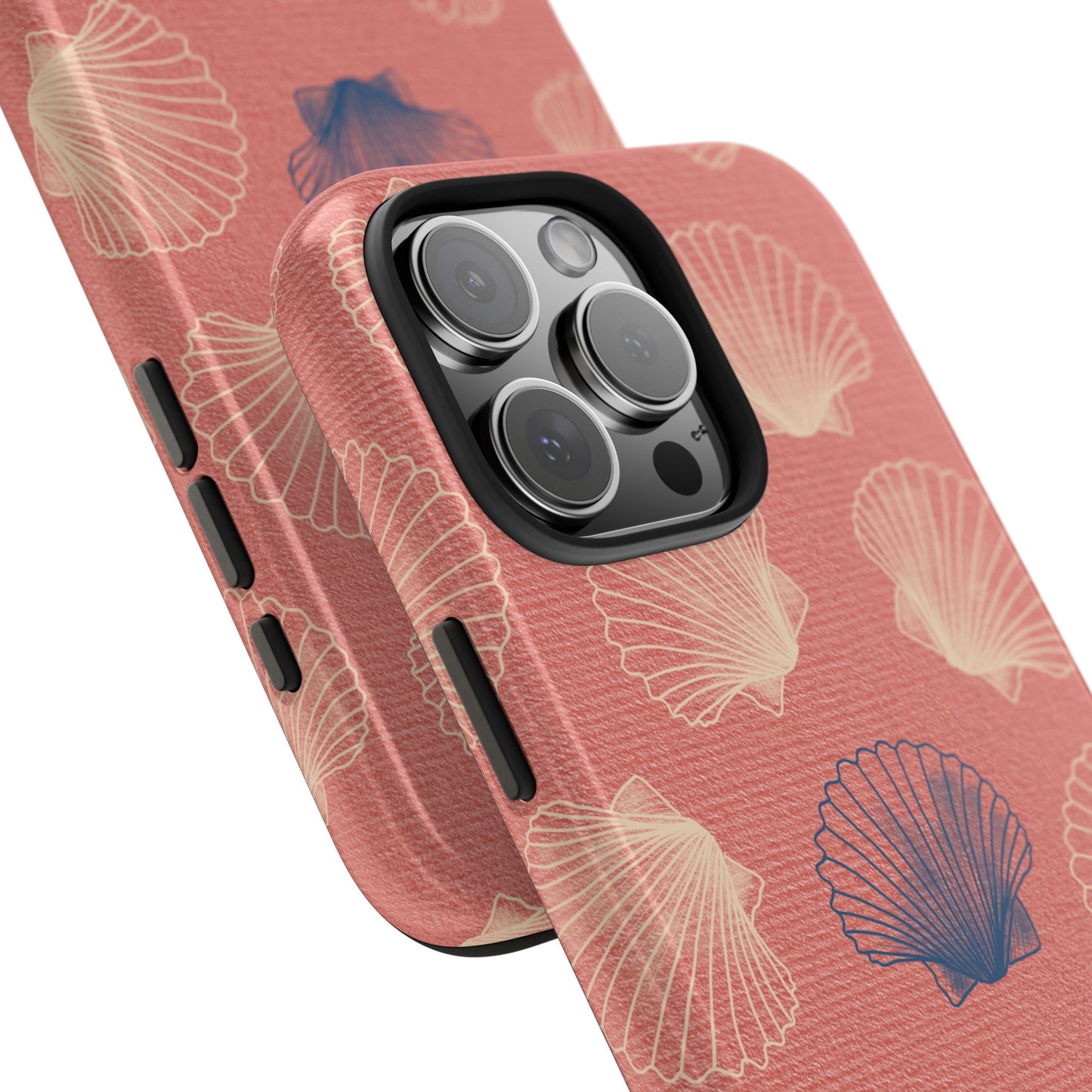 Angled close-up of Scallop Shell Phone Case highlighting the shell pattern details and glossy, UV-protected finish.