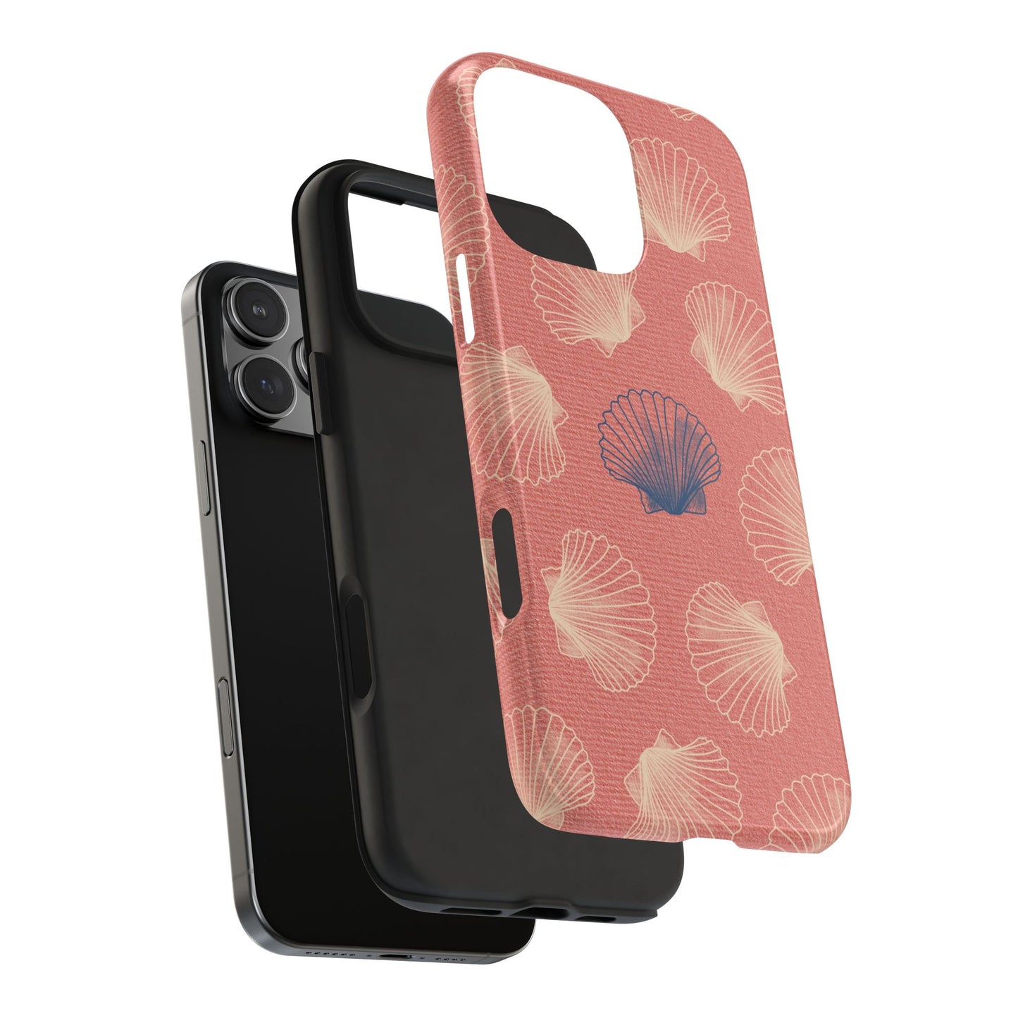 Exploded view of Scallop Shell Phone Case showing its impact-resistant plastic shell and inner rubber liner for added phone protection.