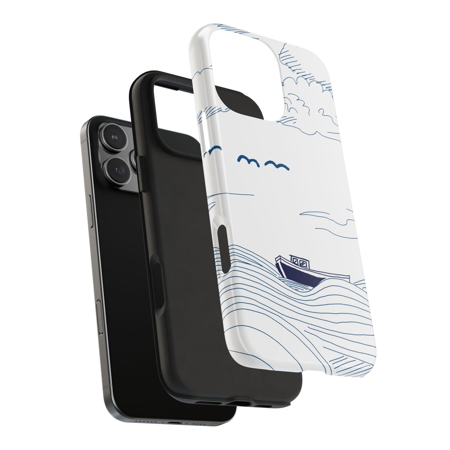 Exploded view of Set Adrift Phone Case showing the impact-resistant outer shell and shock-absorbing rubber liner for everyday protection.