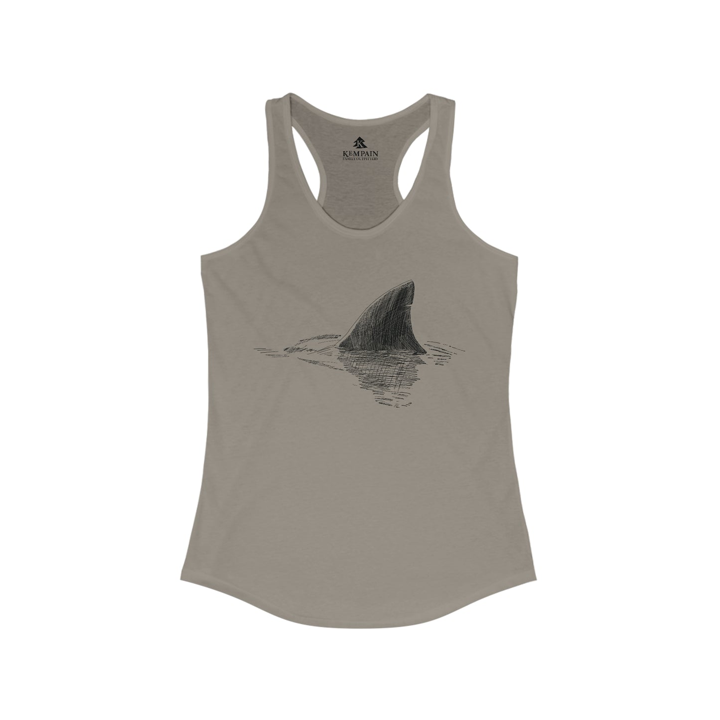A brown women's racerback tank top with shark fin illustration.