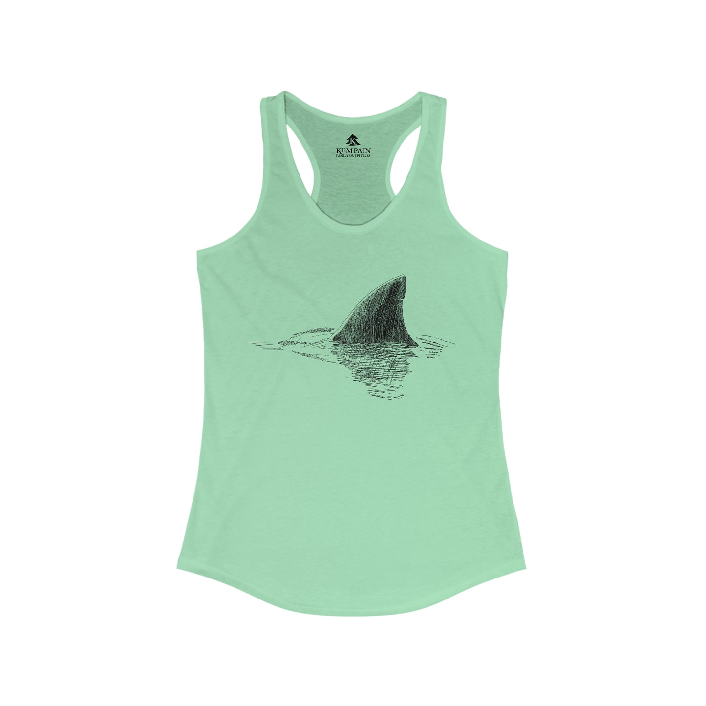 A green women's racerback tank top with shark fin illustration.