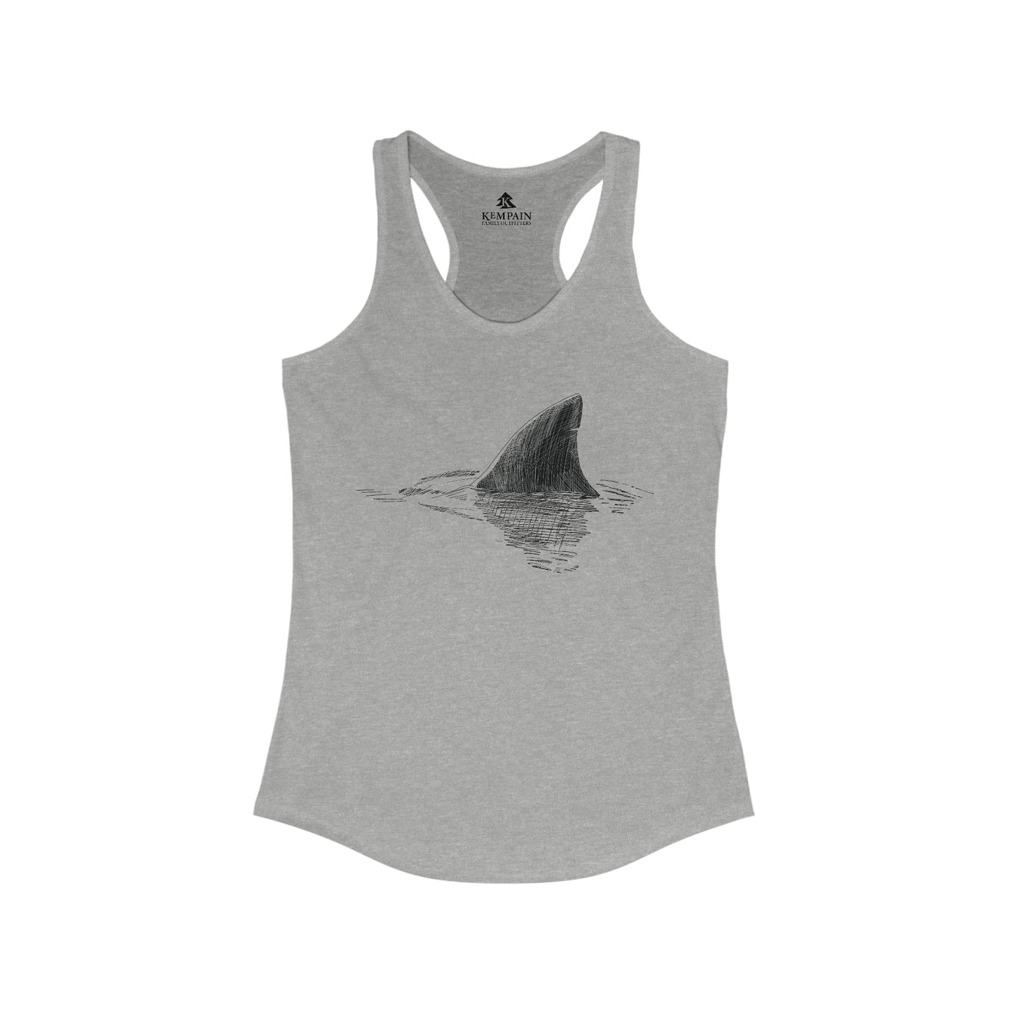 A grey women's racerback tank top with shark fin illustration.