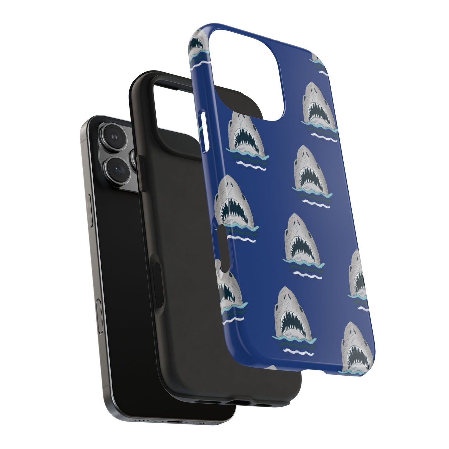 Exploded view of Shark Pattern Phone Case showing the durable hard shell and shock-absorbing rubber liner for full protection.