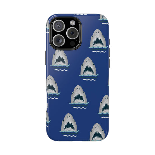 Front view of Shark Pattern Phone Case on white background, featuring a repeating illustrated Shark design in a playful ocean theme.