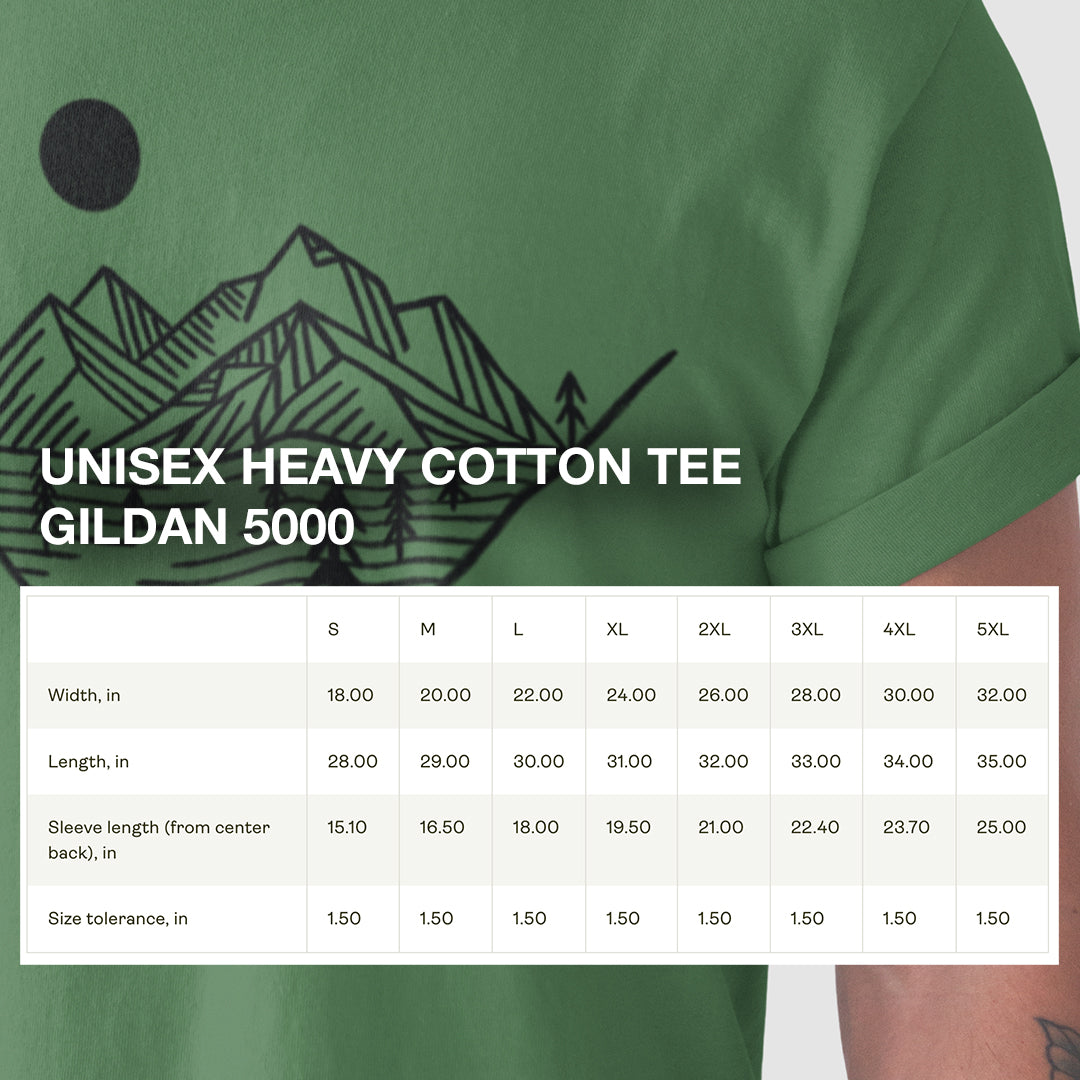 Size chart for Mountain Peak Pursuit T-Shirt, providing detailed measurements for a comfortable and classic fit.