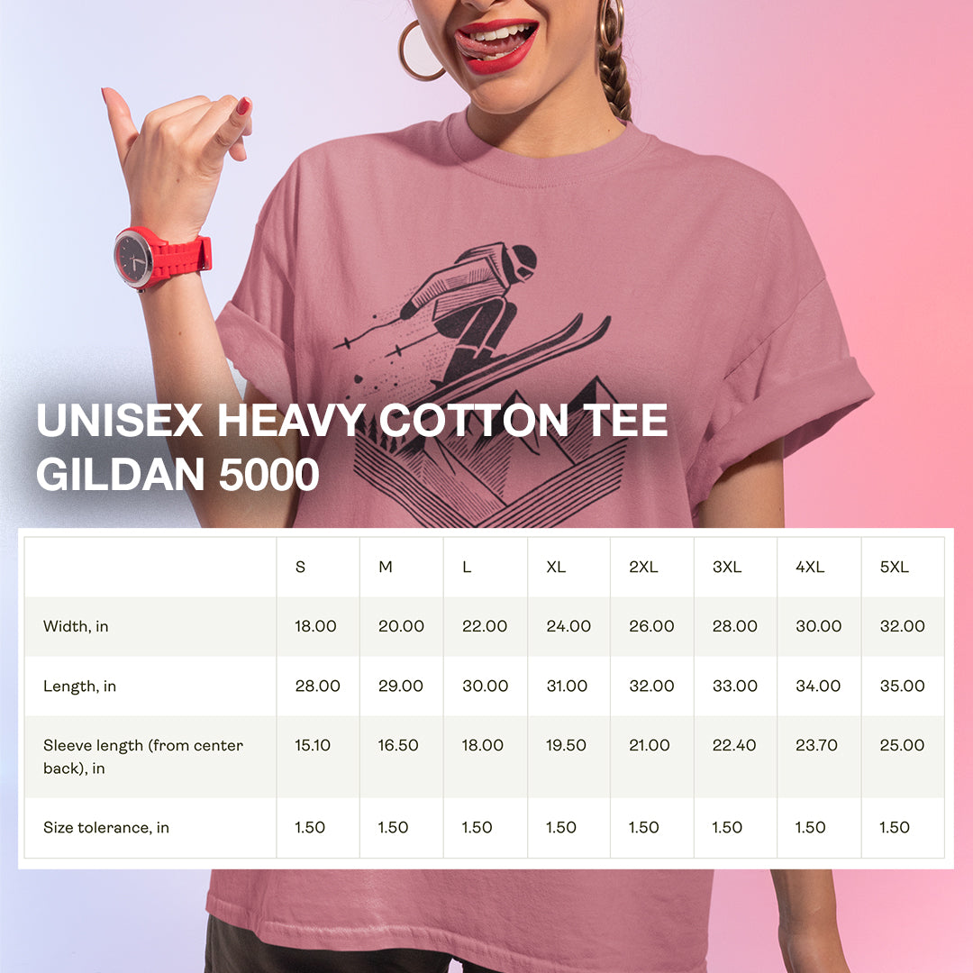 Size chart for Ski Jump Adventure Tee, providing detailed measurements for a comfortable and relaxed fit.